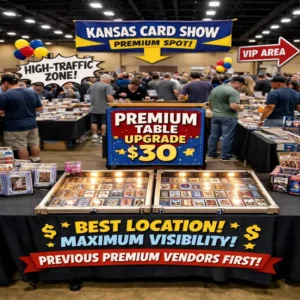 Premium vendor table option for the June 27 Kansas Card Show at Ag Hall, Stormont Vail Events Center, Topeka KS