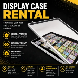 Display case rental promotional graphic featuring a secure glass showcase filled with Pokémon and TCG cards, slabs, and sealed product with bold Display Case Rental text on a black and gold background.