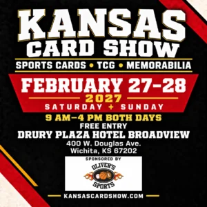 Kansas Card Show flyer for February 27–28, 2027, in Wichita, Kansas.